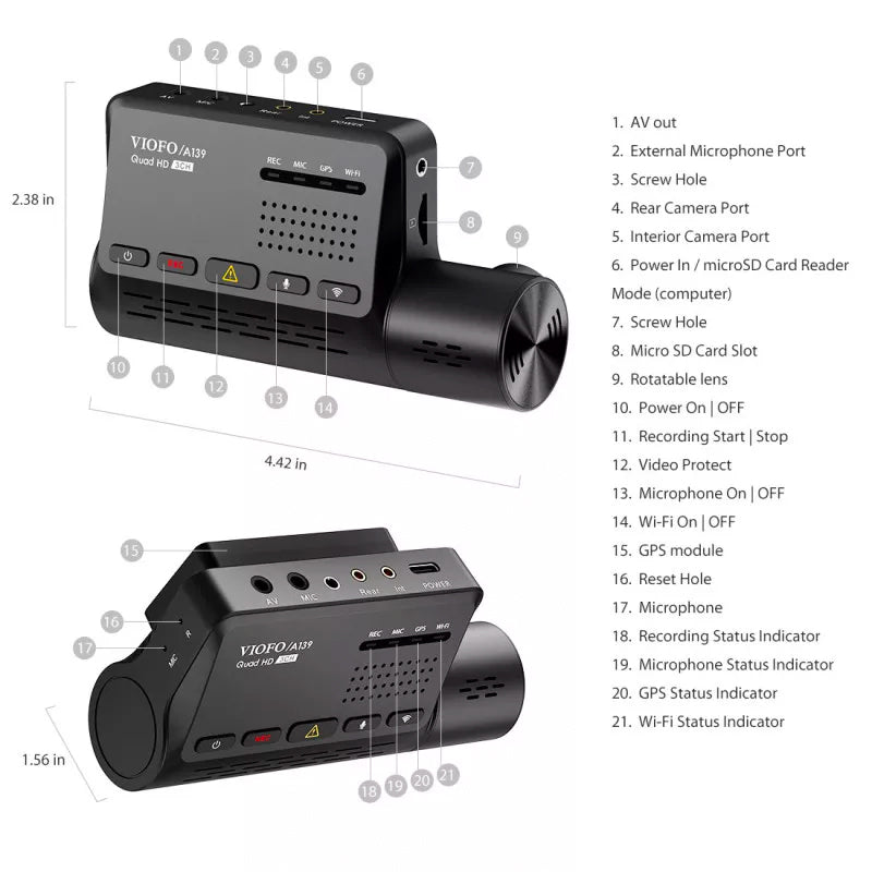 VIOFO A139 Front 2K 1440P and Rear 1080P Dual Channel Dash cam Built-in 5GHz WiFi & GPS
