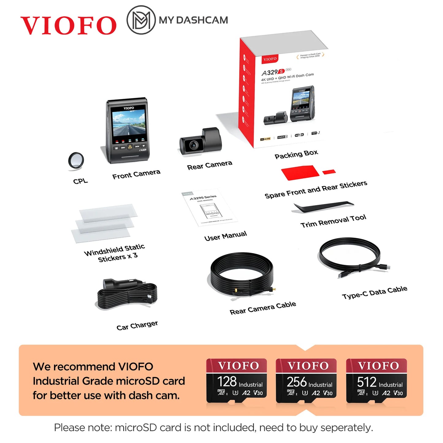 VIOFO A329S 2CH 4K 60FPS Front and 2K Rear Dashcam