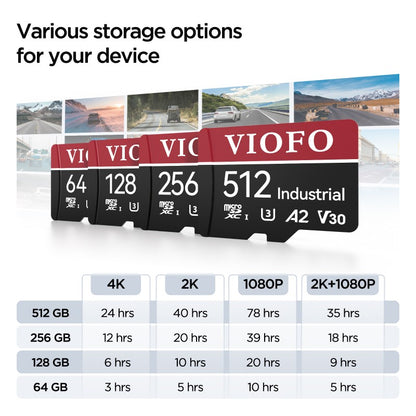 VIOFO 256GB industrial grade microSD card, U3 A22 V30 high speed memory card with adapter, support ultra HD 4K video recording