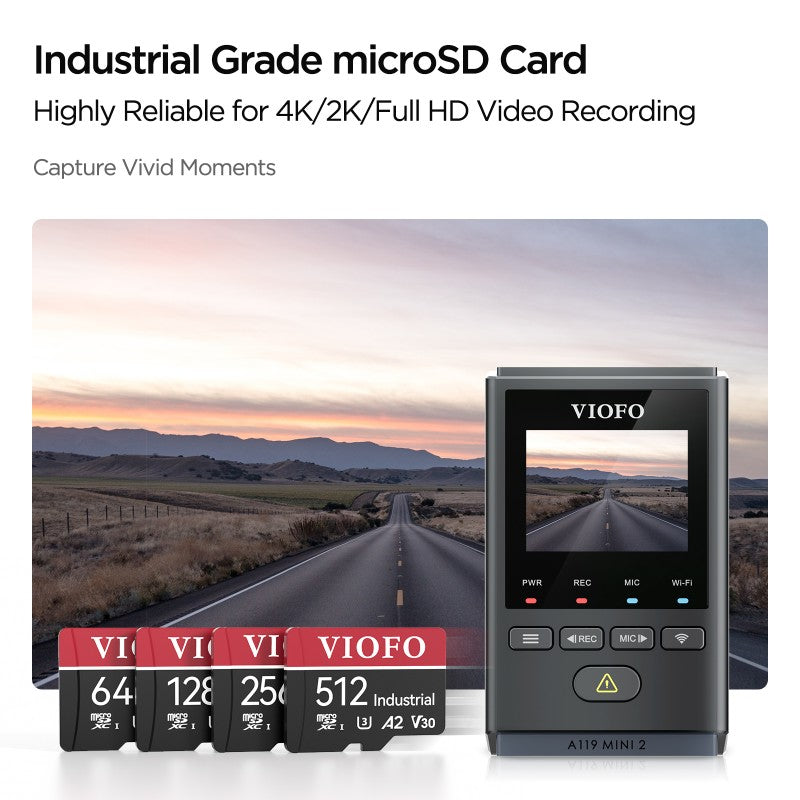 VIOFO 512GB industrial grade microSD card, U3 A22 V30 high speed memory card with adapter, support ultra HD 4K video recording
