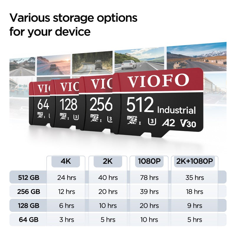 VIOFO 512GB industrial grade microSD card, U3 A22 V30 high speed memory card with adapter, support ultra HD 4K video recording
