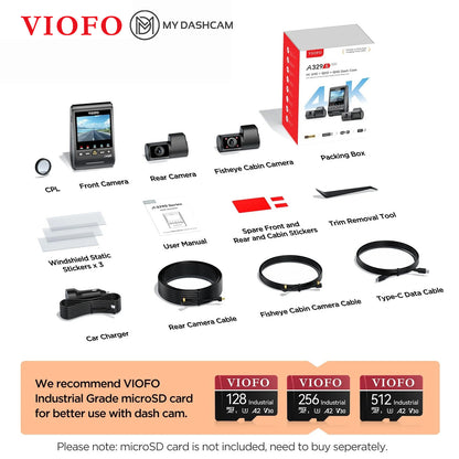 VIOFO A329S 3CH First 4K 30FPS Front+2K Wide 210° FOV Fisheye Cabin+2K Rear Dash Cam with STARVIS 2 Sensor 3-Channel HDR, Support SSD Storage